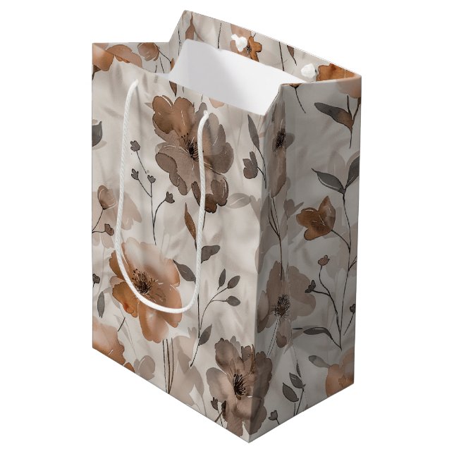 Brown Orange Cream Flowers Birthday Medium Gift Bag (Front Angled)