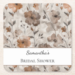 Brown Orange Cream Flowers Bridal Shower Square Paper Coaster