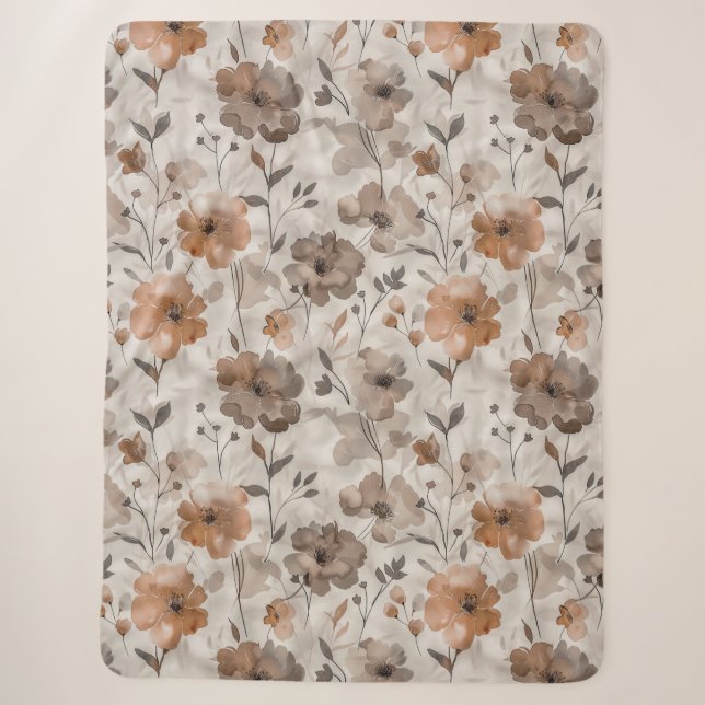 Brown Orange Cream Flowers Sherpa Blanket (Front)