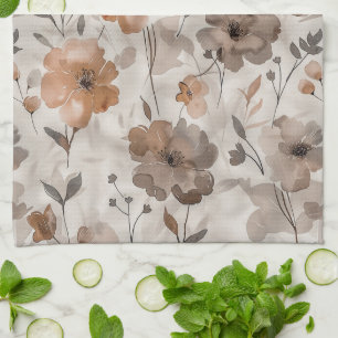 Brown Orange Cream Flowers Tea Towel