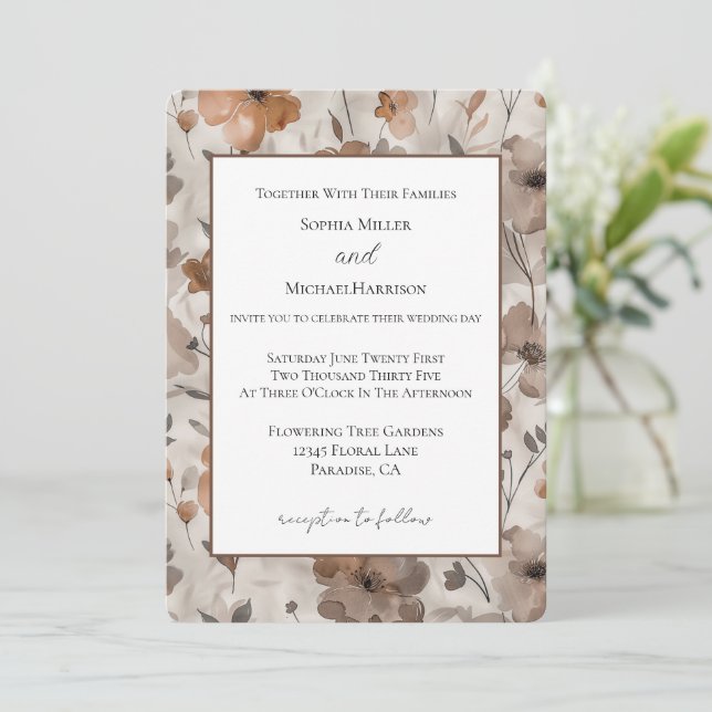 Brown Orange Cream Flowers Wedding Invitation (Standing Front)
