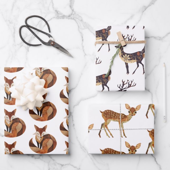 Brown Orange Cream Fox and Deer Wrapping Paper Sheet (Front)