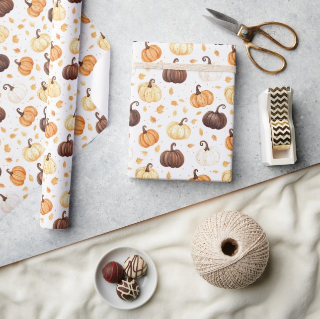 Brown Orange Cream Pumpkins Leaves Wrapping Paper (Crafts)