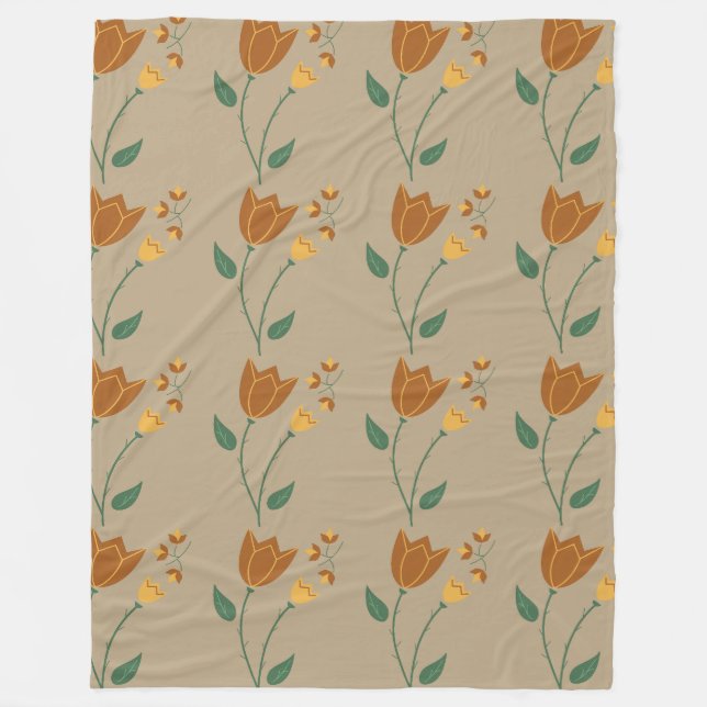 Brown orange floral pattern fleece blanket (Front)