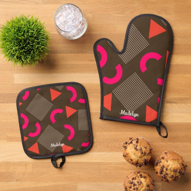 Brown Orange Geometric Personalised Name  Oven Mitt & Pot Holder Set (Top Down)