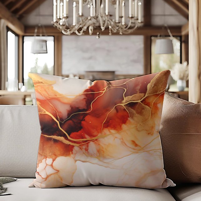 Brown Orange Gold Alcohol Ink Marbled Cushion (Brown, orange, and cream-colored decorator pillow )