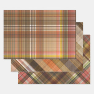 BROWN ORANGE GOLD TAN AUTUMN PLAID PATTERN WRAPPING PAPER SHEET