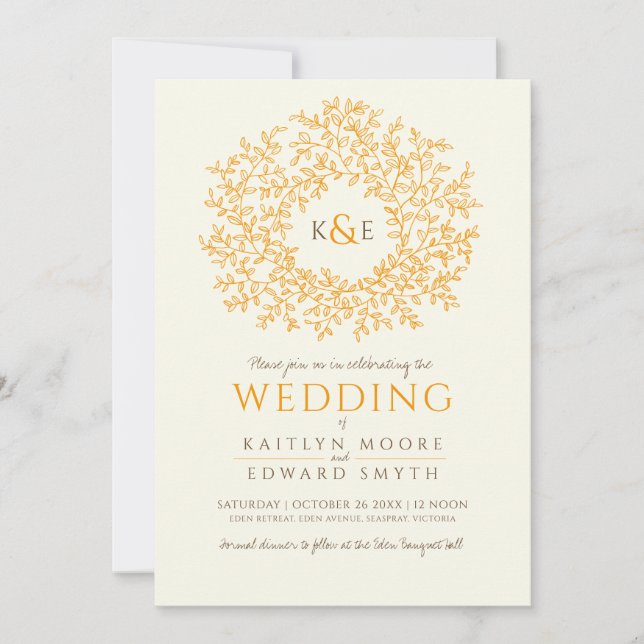 Brown orange hand drawn leaf monogram art wedding invitation (Front)