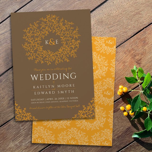 Brown orange hand drawn leaf monogram art wedding invitation (Creator Uploaded)