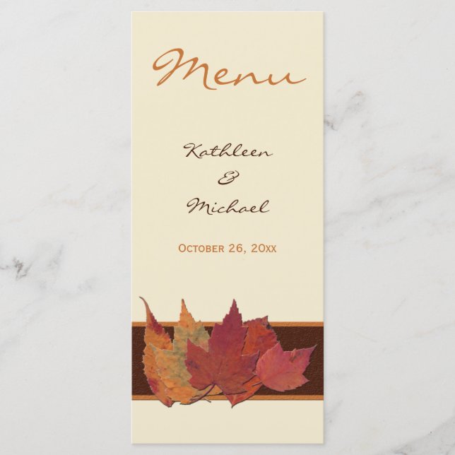 Brown Orange Ivory Dried Leaves Wedding Menu Card (Front)