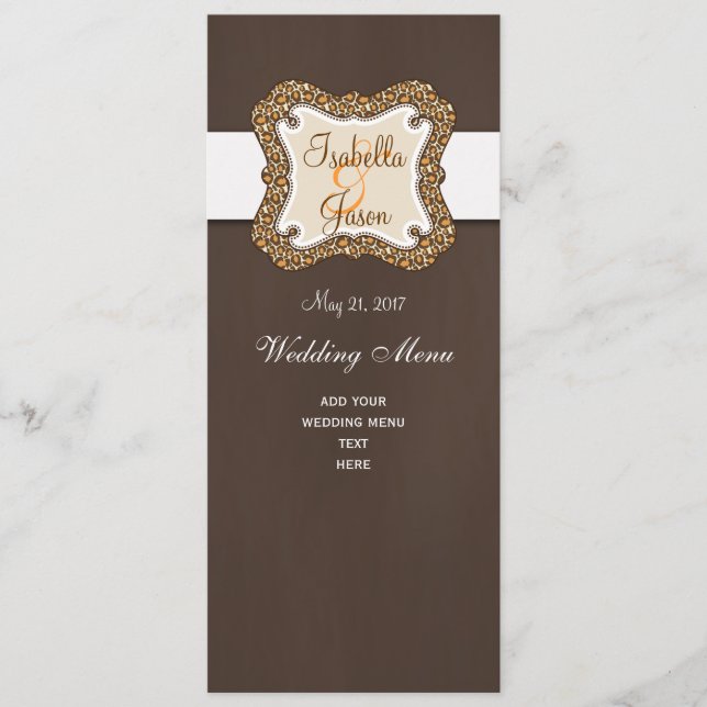 Brown Orange Leopard Spots Wedding Menu Card (Front)