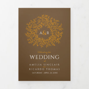 Brown orange monogram art story dedication wedding Tri-Fold programme