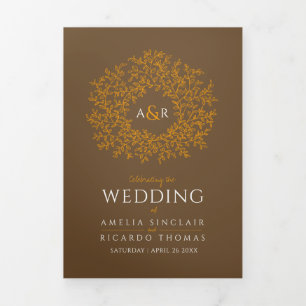 Brown orange monogram art story dedication wedding Tri-Fold programme