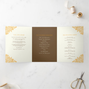 Brown orange monogram art story dedication wedding Tri-Fold programme