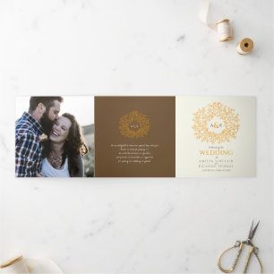Brown orange monogram dedication photo wedding Tri-Fold programme