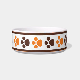 Brown & Orange Paw Prints Personalised Cat Bowl