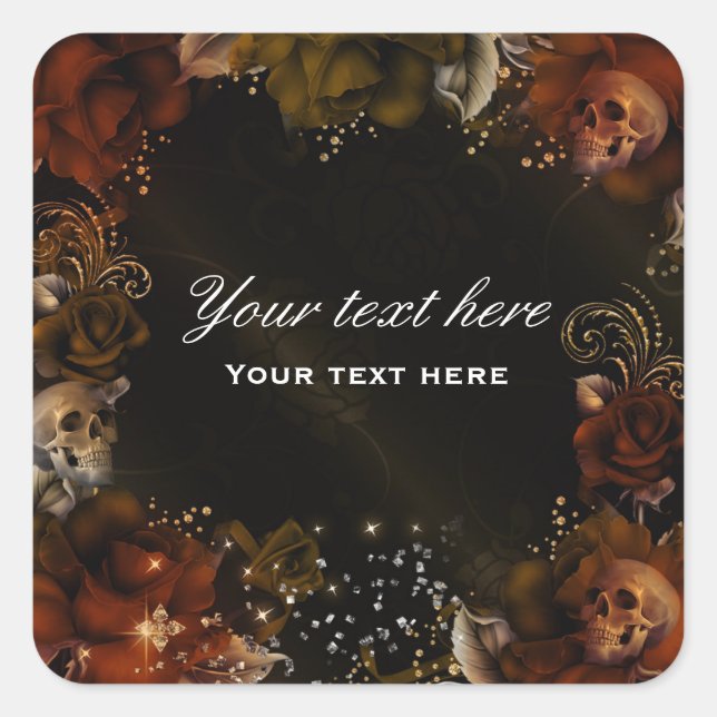 Brown Orange Roses + Skulls Gothic Sticker Label (Front)