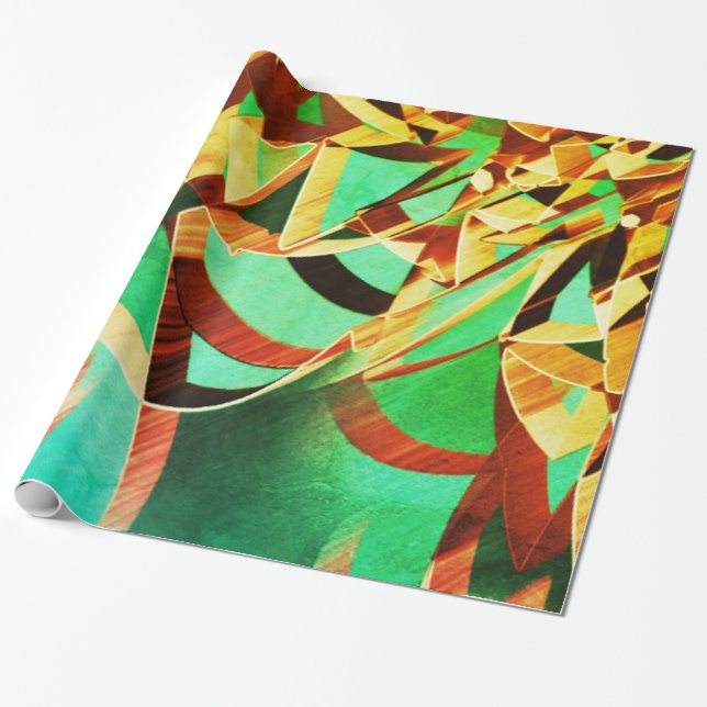 Brown orange stripes upon rustic green background wrapping paper (Unrolled)
