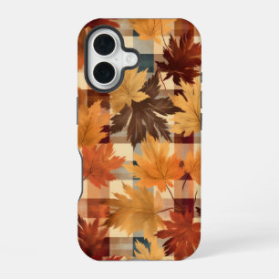 BROWN ORANGE YELLOW FALL PLAID PATTERN & LEAVES iPhone 16 CASE