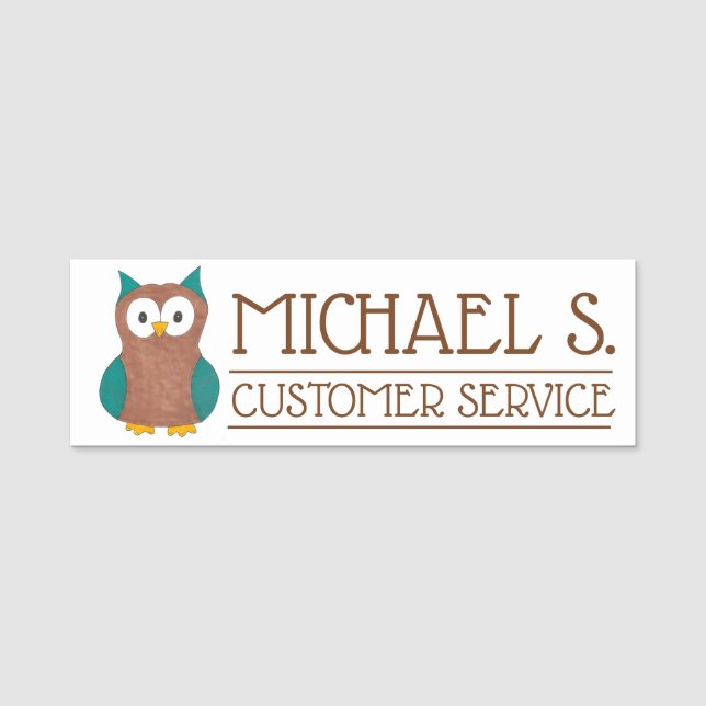 Brown Owl Animal Cartoon Bird Veterinarian Aviary Name Tag (Front)