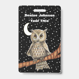 Brown Owl Golden Eyes Blue Necklace Stars Moon ID Badge