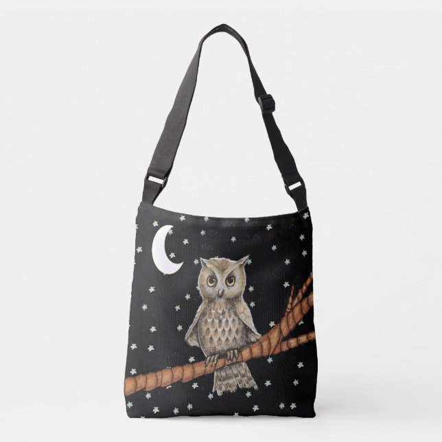 Brown Owl Golden Eyes on Branch Moon Stars Black Crossbody Bag (Front)