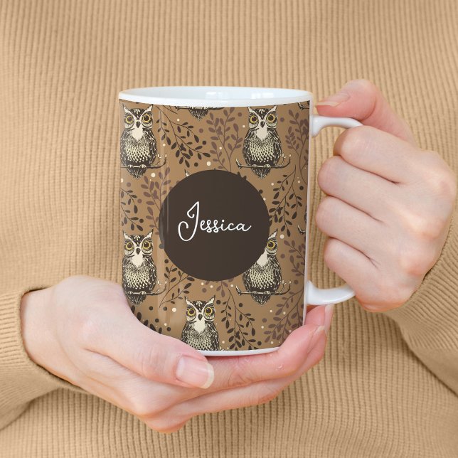 Brown Owl Illustrated Woodland Pattern Coffee Mug (Woodland Owls with Custom Name Tall Mug)