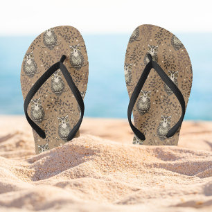 Brown Owl Illustrated Woodland Pattern Jandals