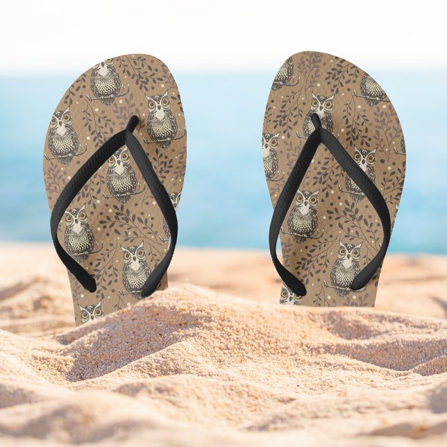 Brown Owl Illustrated Woodland Pattern Jandals (Owl Pattern Flipflops)