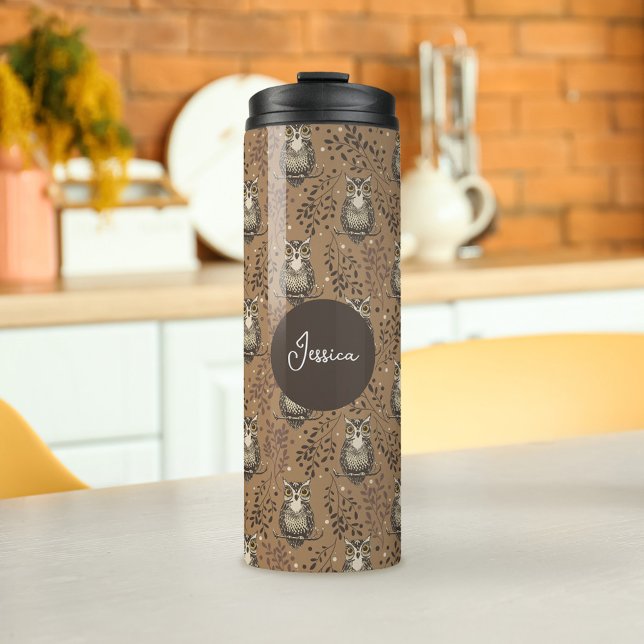 Brown Owl Illustrated Woodland Pattern Thermal Tumbler (Owl Pattern & Nameplate Tumbler )