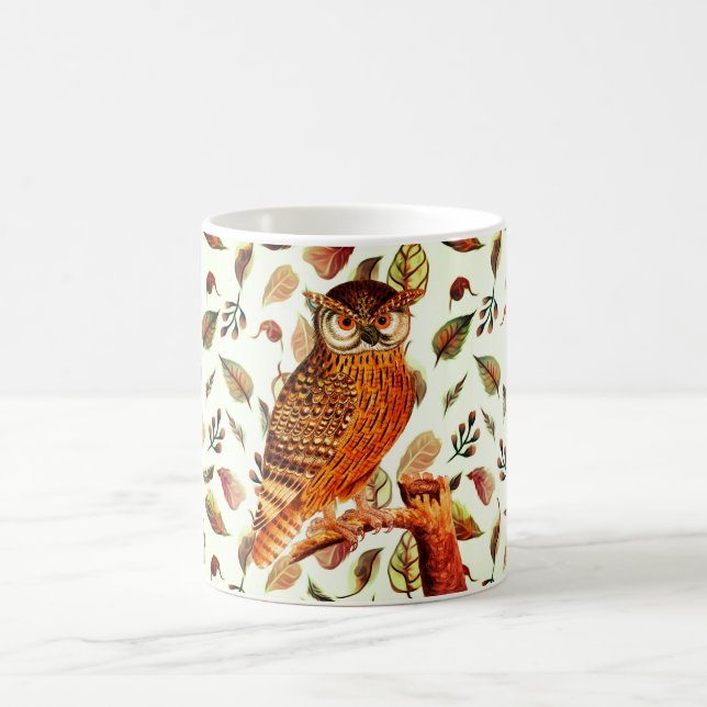 Brown Owl on Autumn Leaves Background Coffee Mug (Center)
