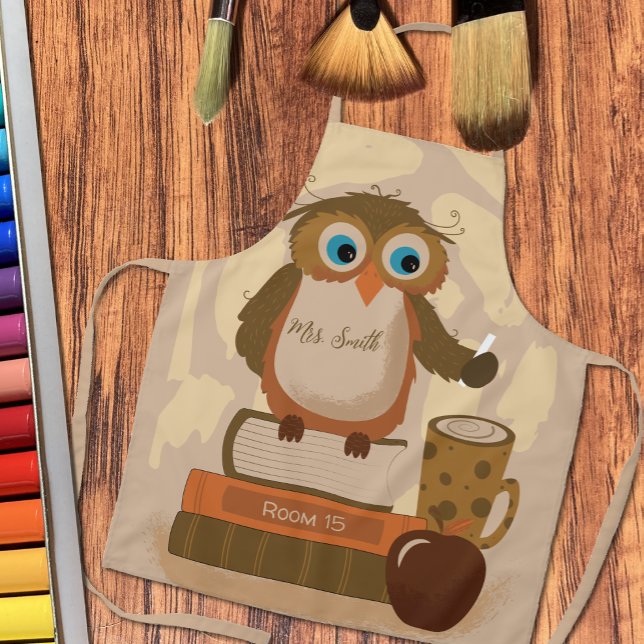 Brown Owl on Books Teacher Personalised Apron (Brown owl personalized teacher apron .)