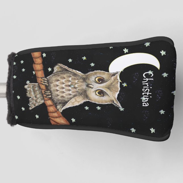 Brown Owl on Branch Necklace Moon Stars Golf Head Cover (Front)