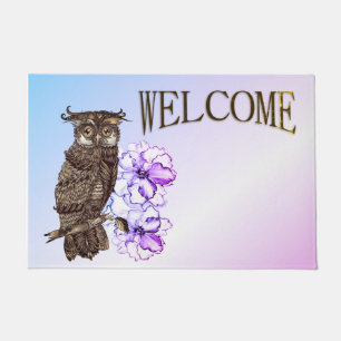 Brown Owl Purple Flowers  Doormat