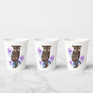 Brown Owl Purple Flowers  Paper Cups