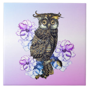 Brown Owl Purple Flowers Tile