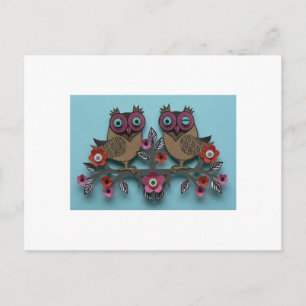 brown owls with flowers postcard