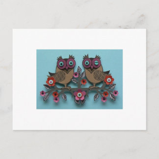 brown owls with flowers postcard