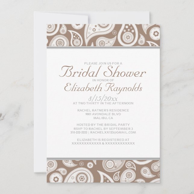 Brown Paisley Bridal Shower Invitations (Front)