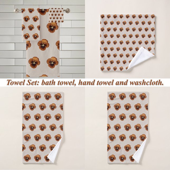 Brown Pansy Flower Seamless Pattern on Bath Towel Set (Brown Pansy flower seamless pattern on bath towel set: wash cloth, hand towel and bath towel)
