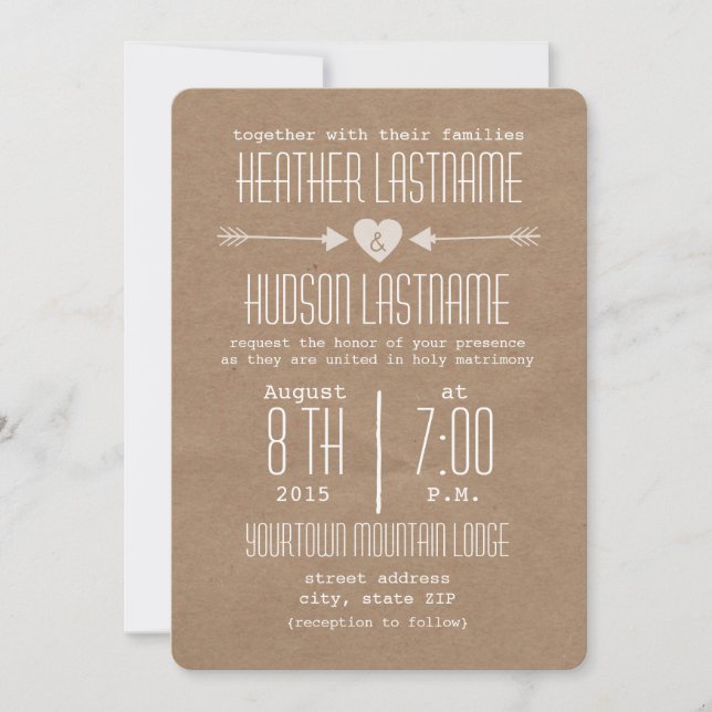 Brown Paper Inspired Arrows + Heart Rustic White Invitation (Front)