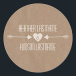 Brown Paper Inspired White Arrows Wedding Sticker<br><div class="desc">An outdoors evening wedding sticker featuring an illustration of a heart between two arrows.  Background is brown paper inspired.  Personalise the text with your names.</div>