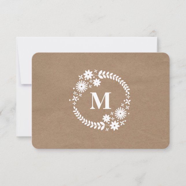 Brown Paper Inspired White Wreath Monogram RSVP Card (Front)