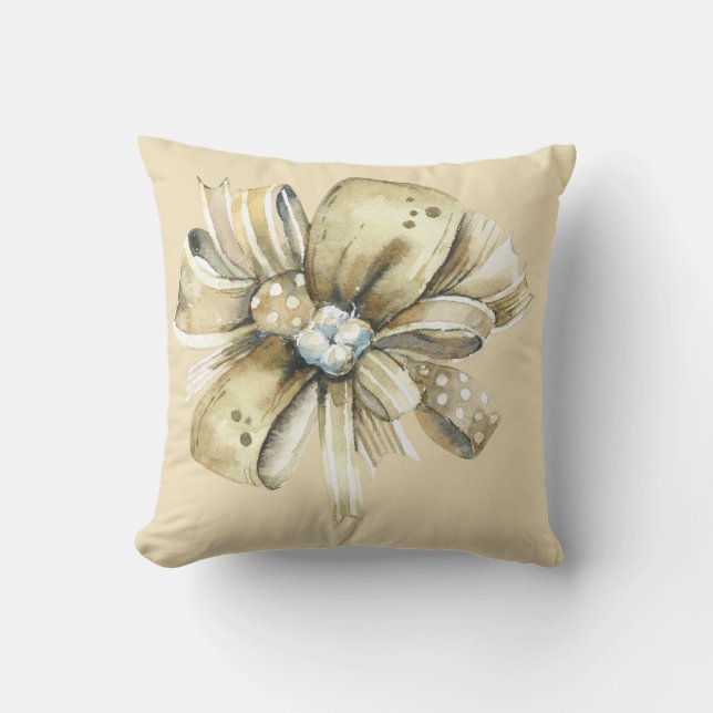 Brown Paper Package with Red & Cream Fancy Bows Cushion (Front)