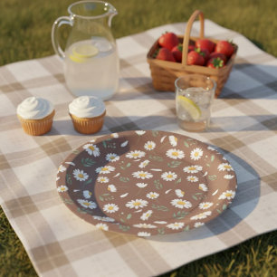 Brown Paper Plate with Daisy Flowers - Birthday