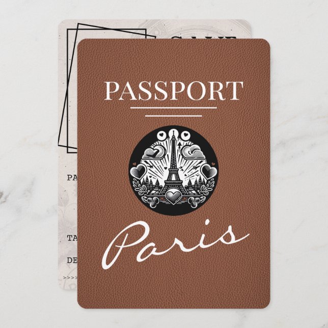 Brown Paris Passport Save The Date (Front/Back)