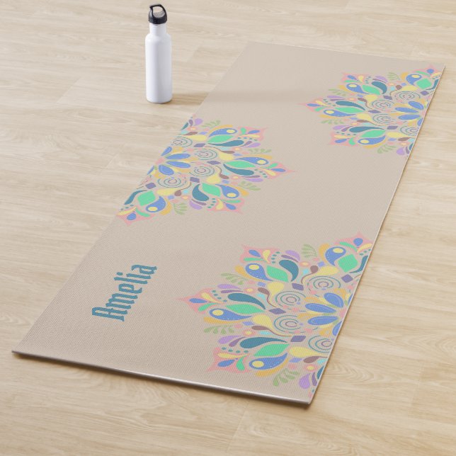 Brown Pastel Zen Flower Watercolor Mandala Yoga Mat (In Situ)