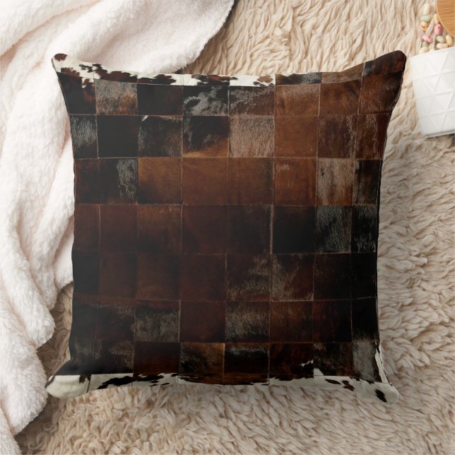 Brown Patchwork Cowhide Print Western Rustic Farm Cushion (Blanket)