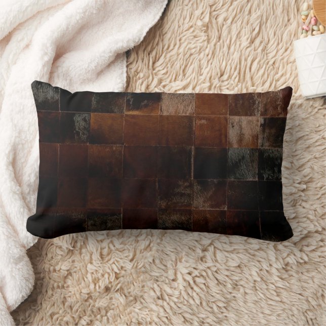 Brown Patchwork Cowhide Print Western Rustic Farm Lumbar Cushion (Blanket)