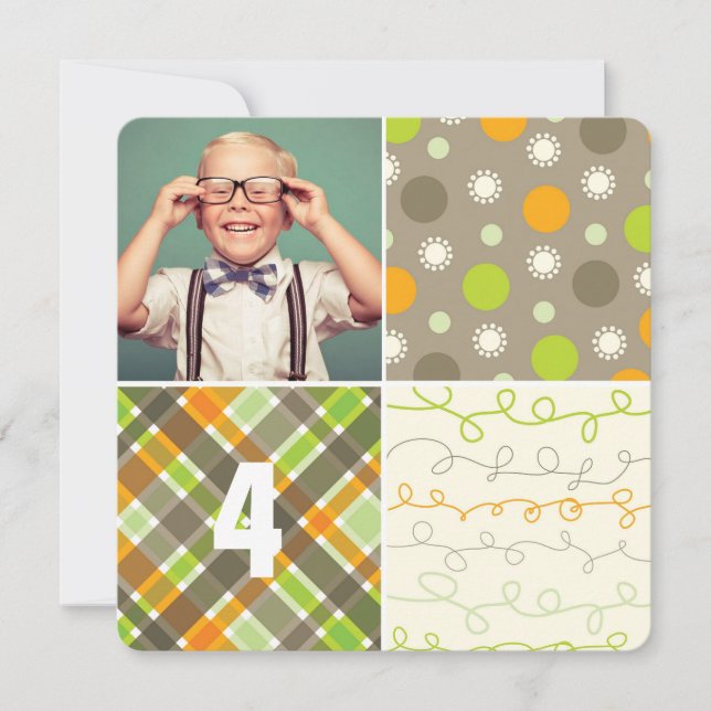 Brown Patchwork Pattern Squares Boy Photo Birthday Invitation (Front)